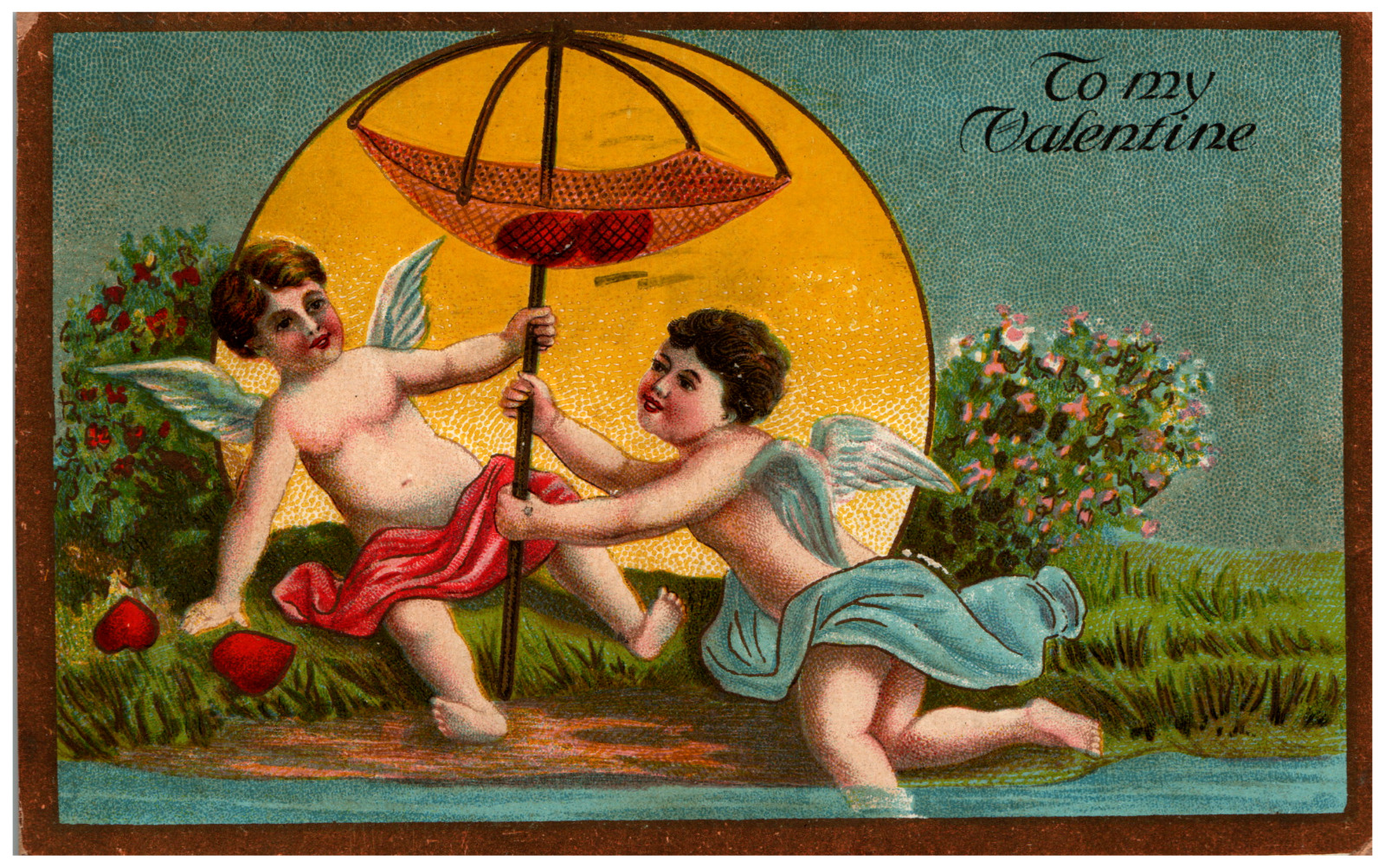 Postcard Embossed Valentine 1913 Two Cherubs Playing With Hearts