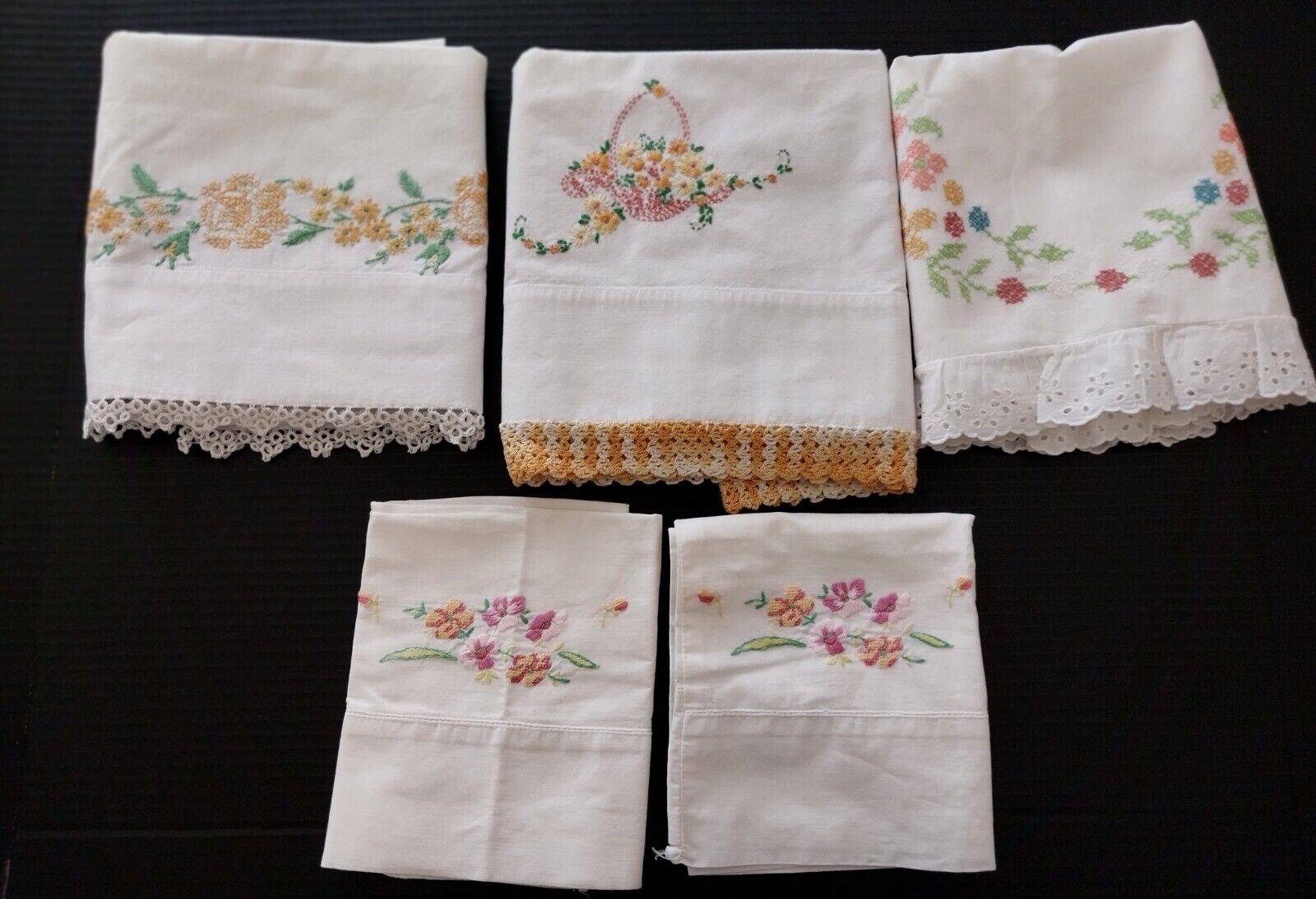 Lot of 5 single Embroidered Vintage Pillowcases Hand Made* 2 Childrens?