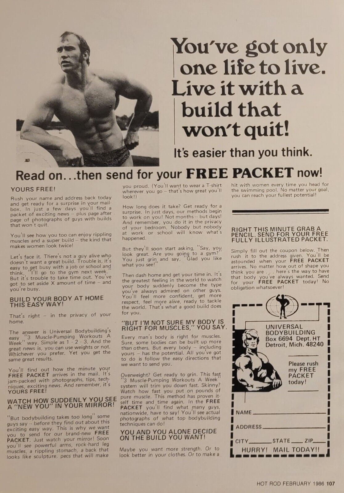 1986 Universal Bodybuilding System Print Ad Man
