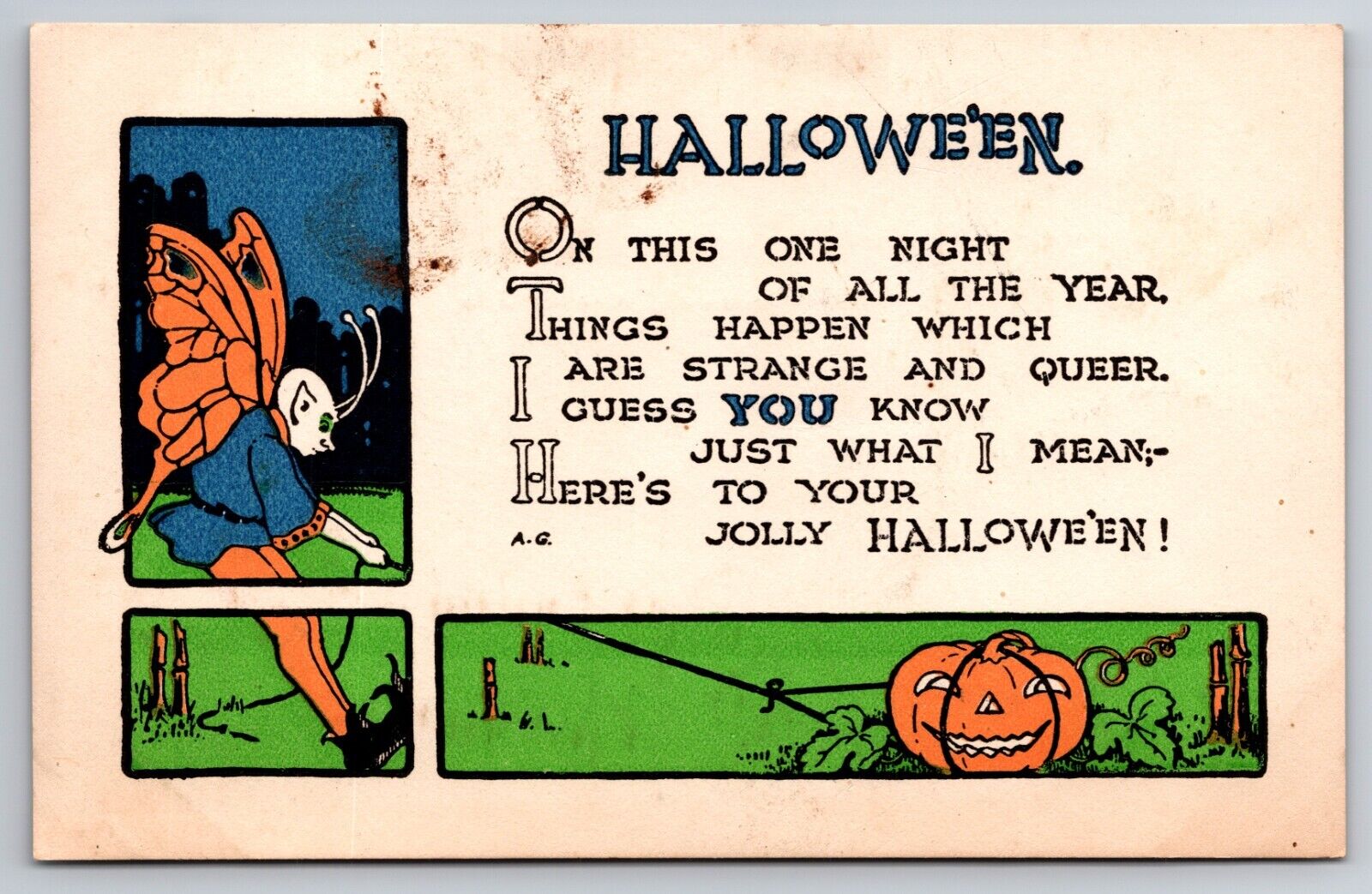 Halloween Fantasy Butterfly Person Fairy Goblin Jack O Lantern 1915 Postcard