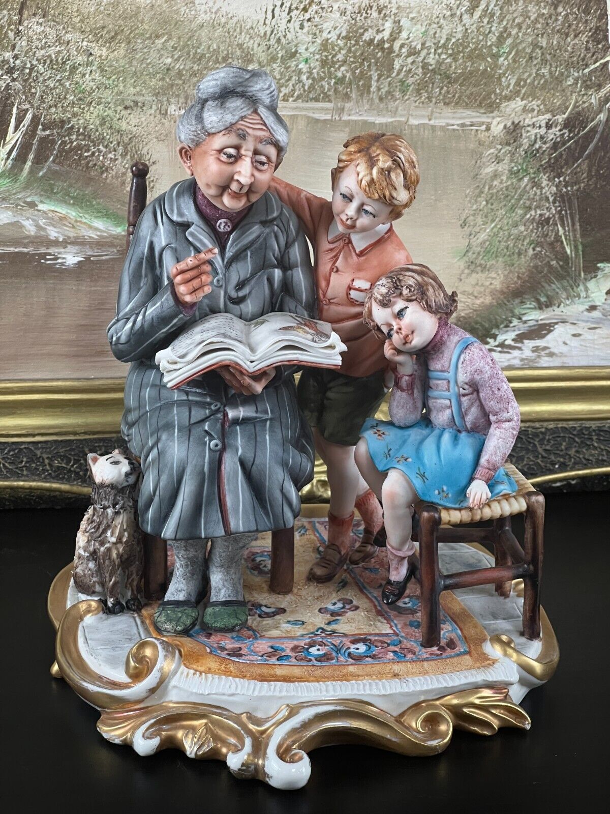 VTG Capodimonte Grandmom Granny with 2 Kids/ Children & Cat Figurine 9 1/2” Tall