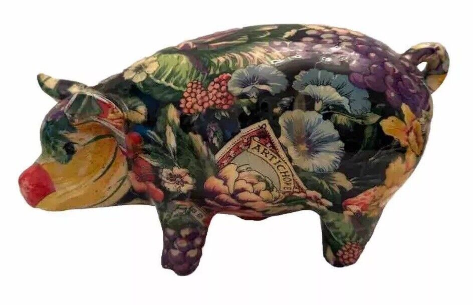 Vintage Floral Fabric & Fruit Lacquered Ceramic Decoupage Pig Figurine