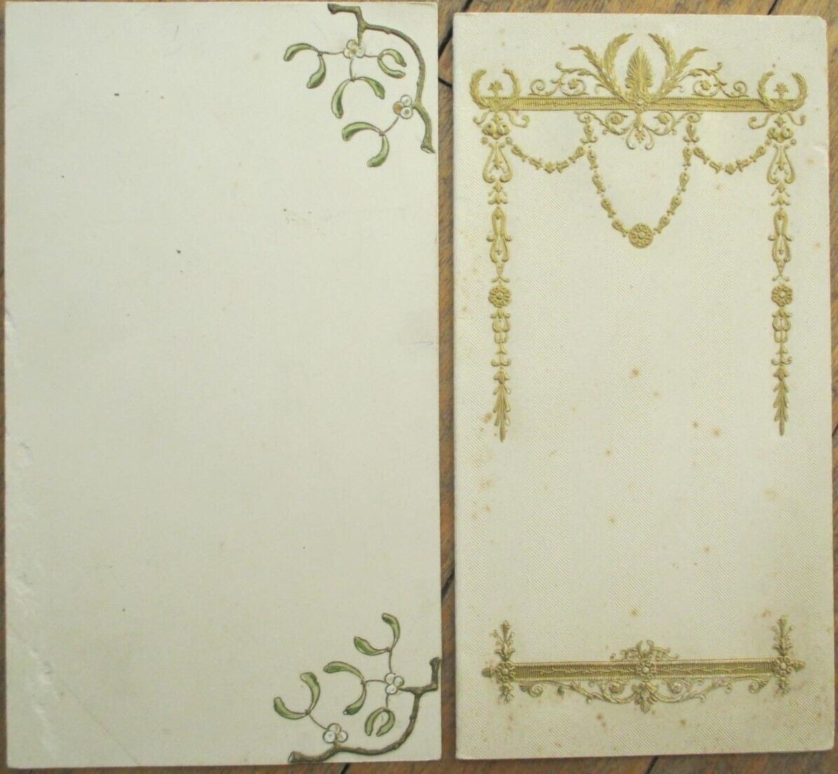 French Menu Blank 1910 Pair, Art Nouveau Clover, Gold Vignettes, Folding