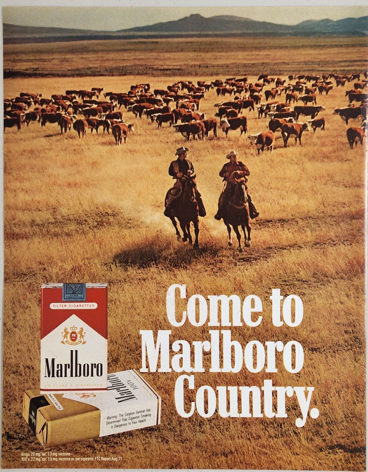 1972 Print Ad Marlboro Cigarettes 2 Cowboys on Horses & Herd of Cattle