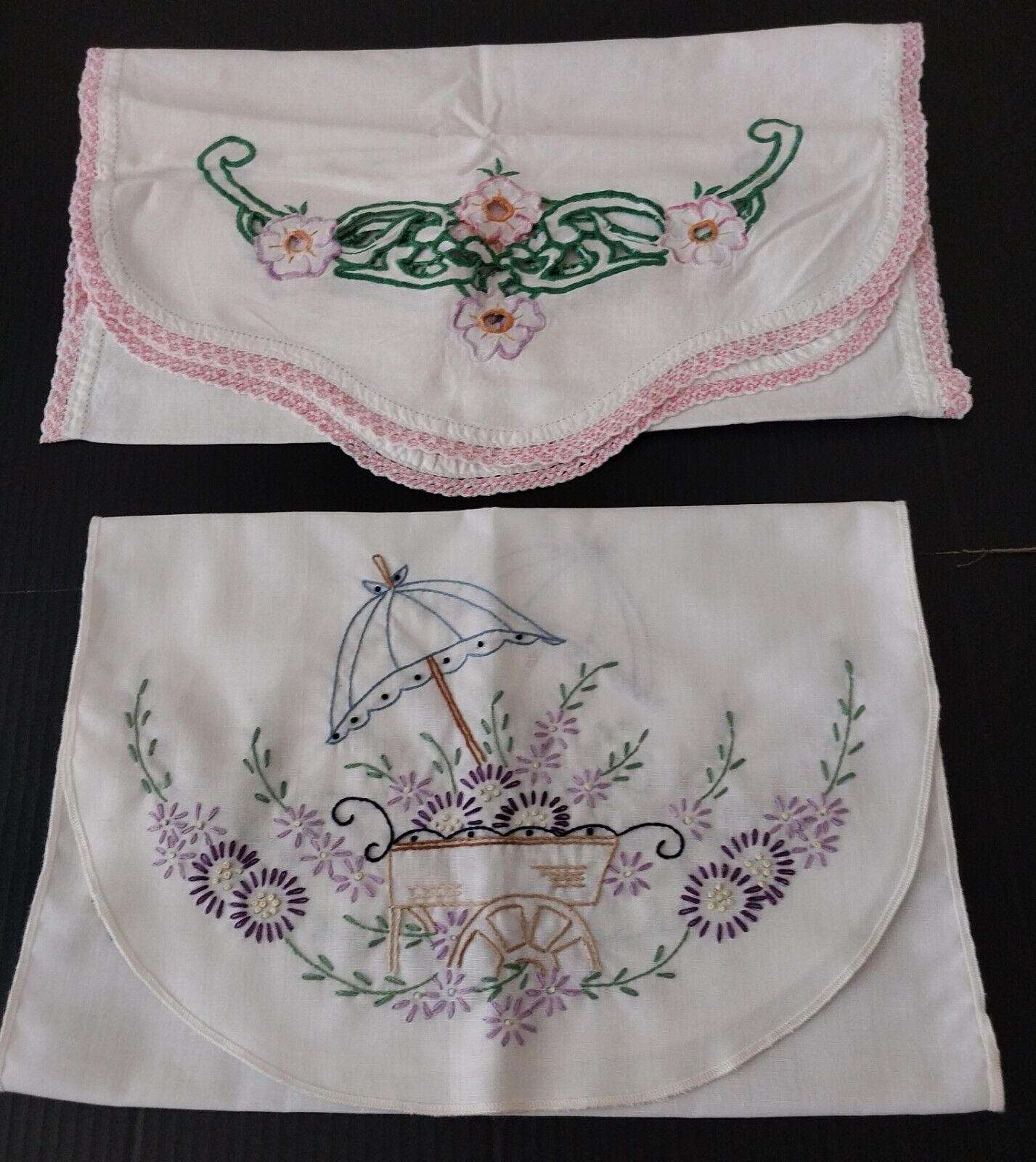 VTG Lot of 2 Handcrafted Table Runners / Dresser Scarf*Embroidered & Applique