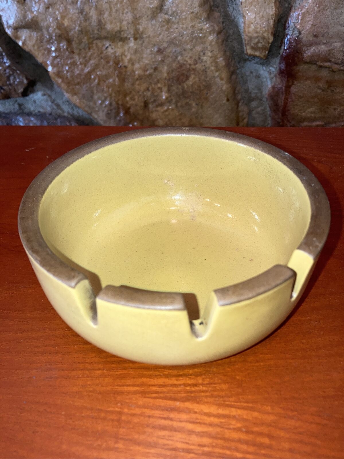 Vintage Heath Ceramic Pottery Ashtray 3 Slot Avocado Pea Green Brown Mustard