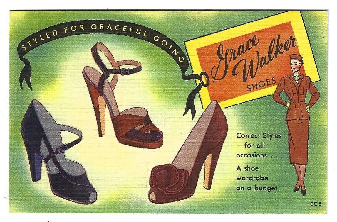 Grace Walker Women's Fashion Shoes 1950 Rare Curt Teich Sample Postcard