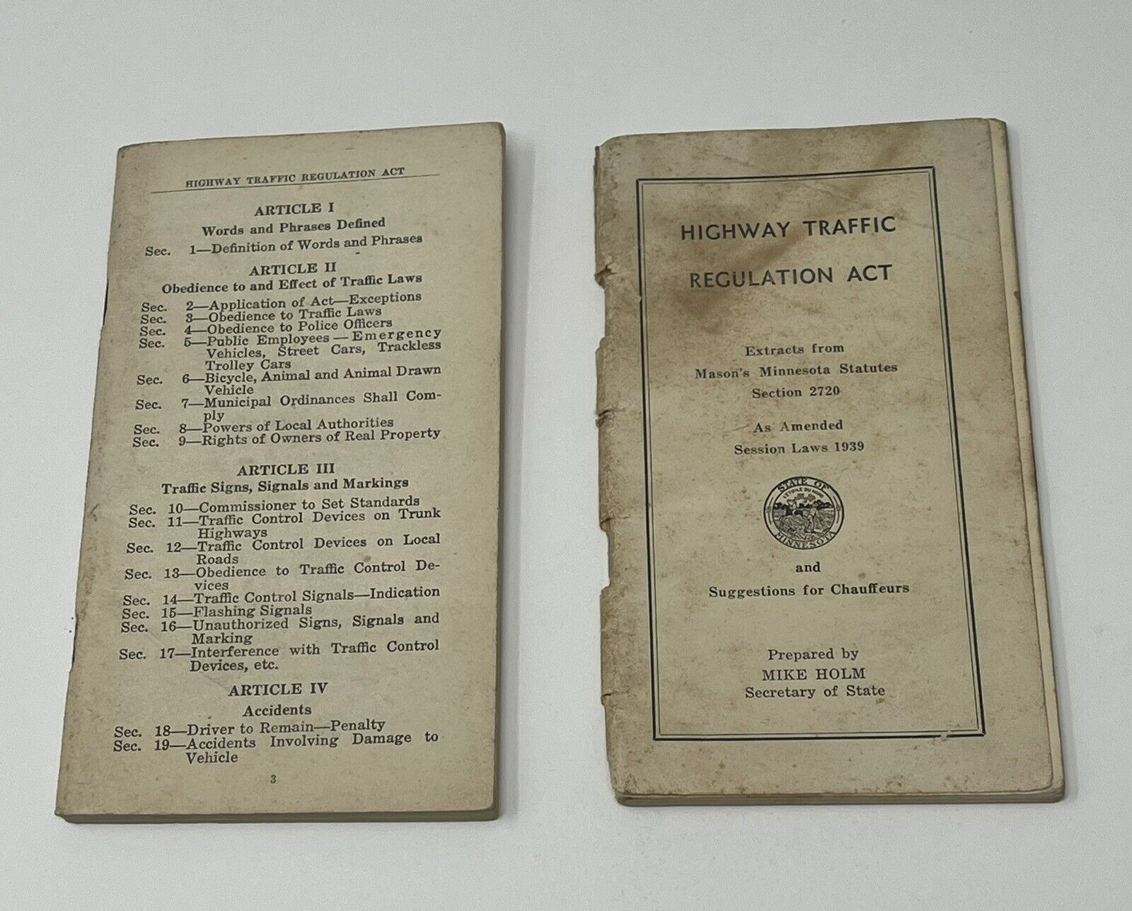1939 Minnesota Chauffeur Highway Traffic Regulation Act Session Laws Booklets