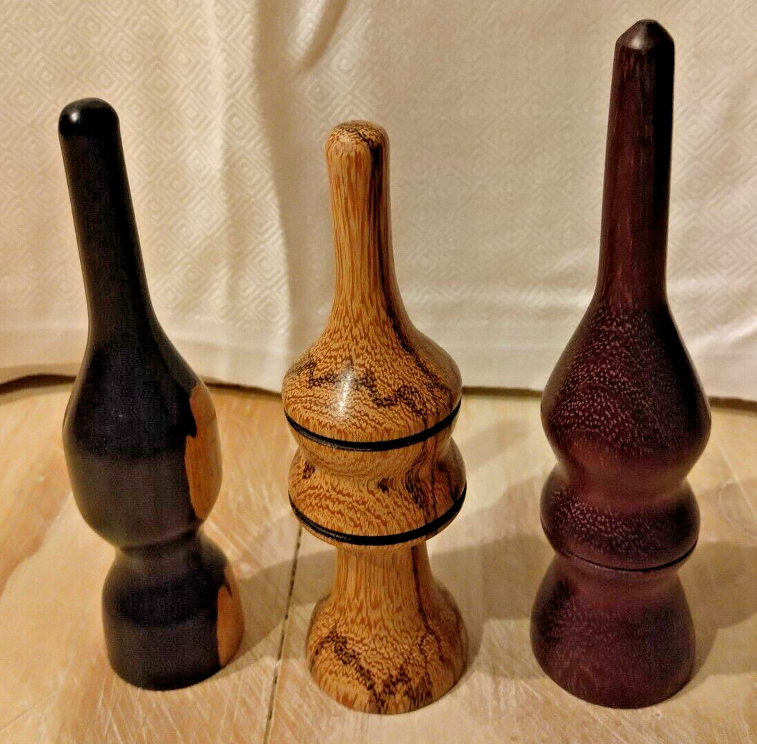 Lot Of 3 Vintage Handcrafted Wooden Spindles Olive Wood Teak Cherry Collectibles