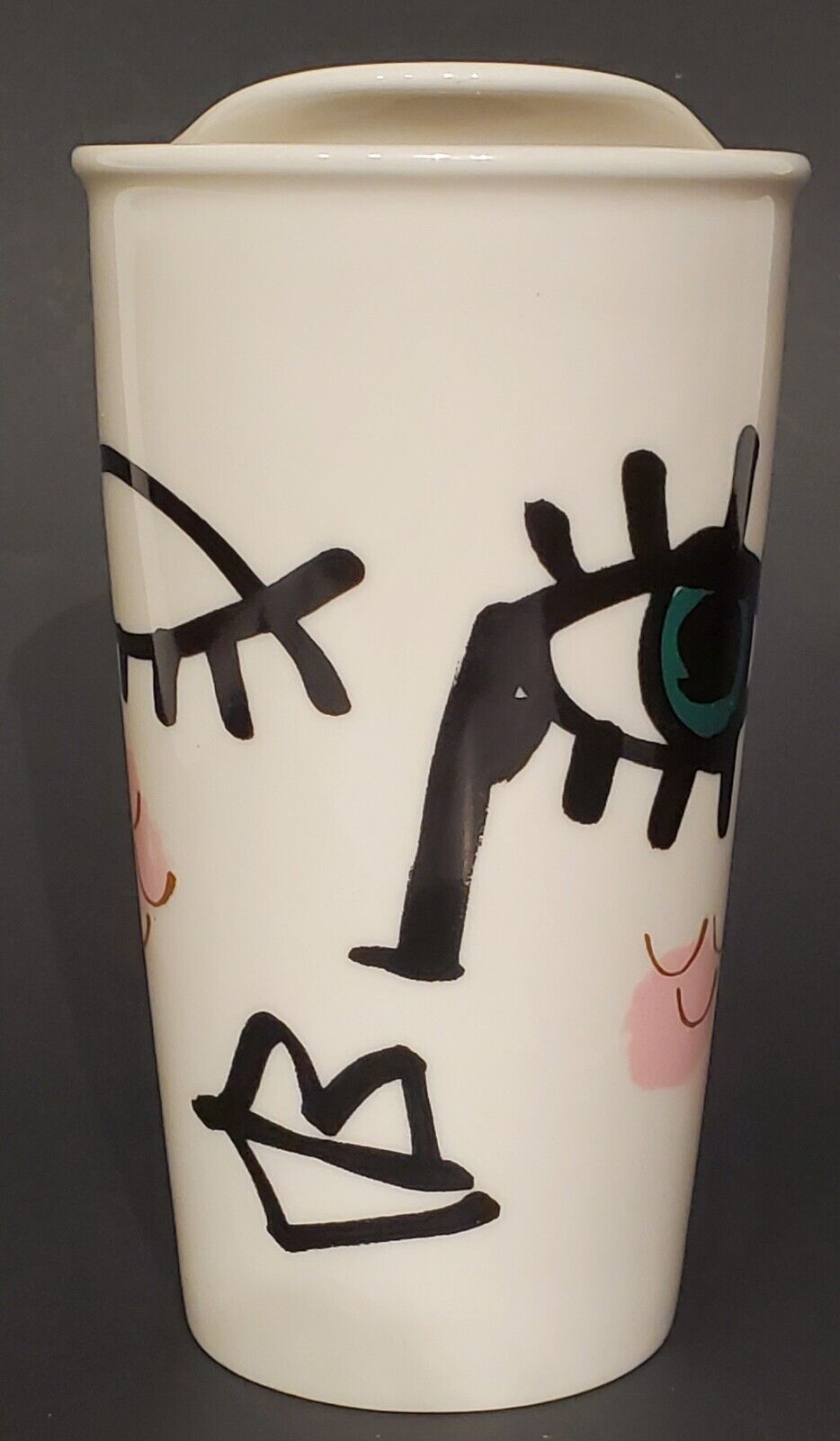 STARBUCKS Ceramic Cup, 12 Oz, 2014 Abstract Face Winking Eye, With Lid