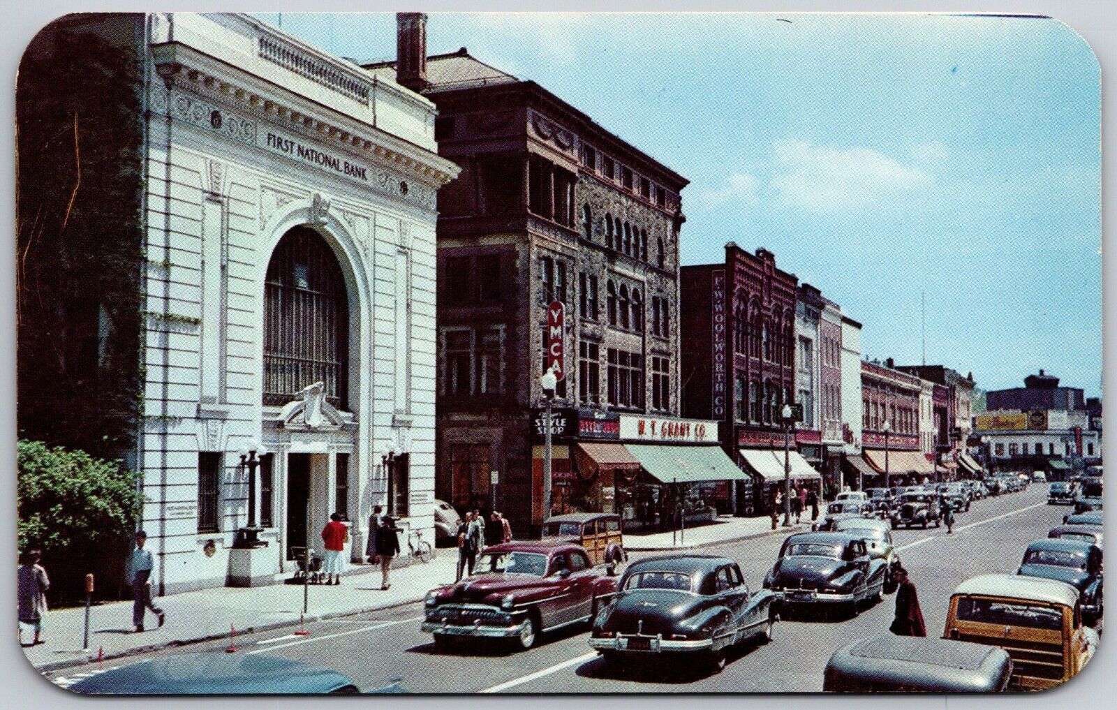 Glens Falls NY Busy Street View Storefronts Old Cars Postcard YMCA