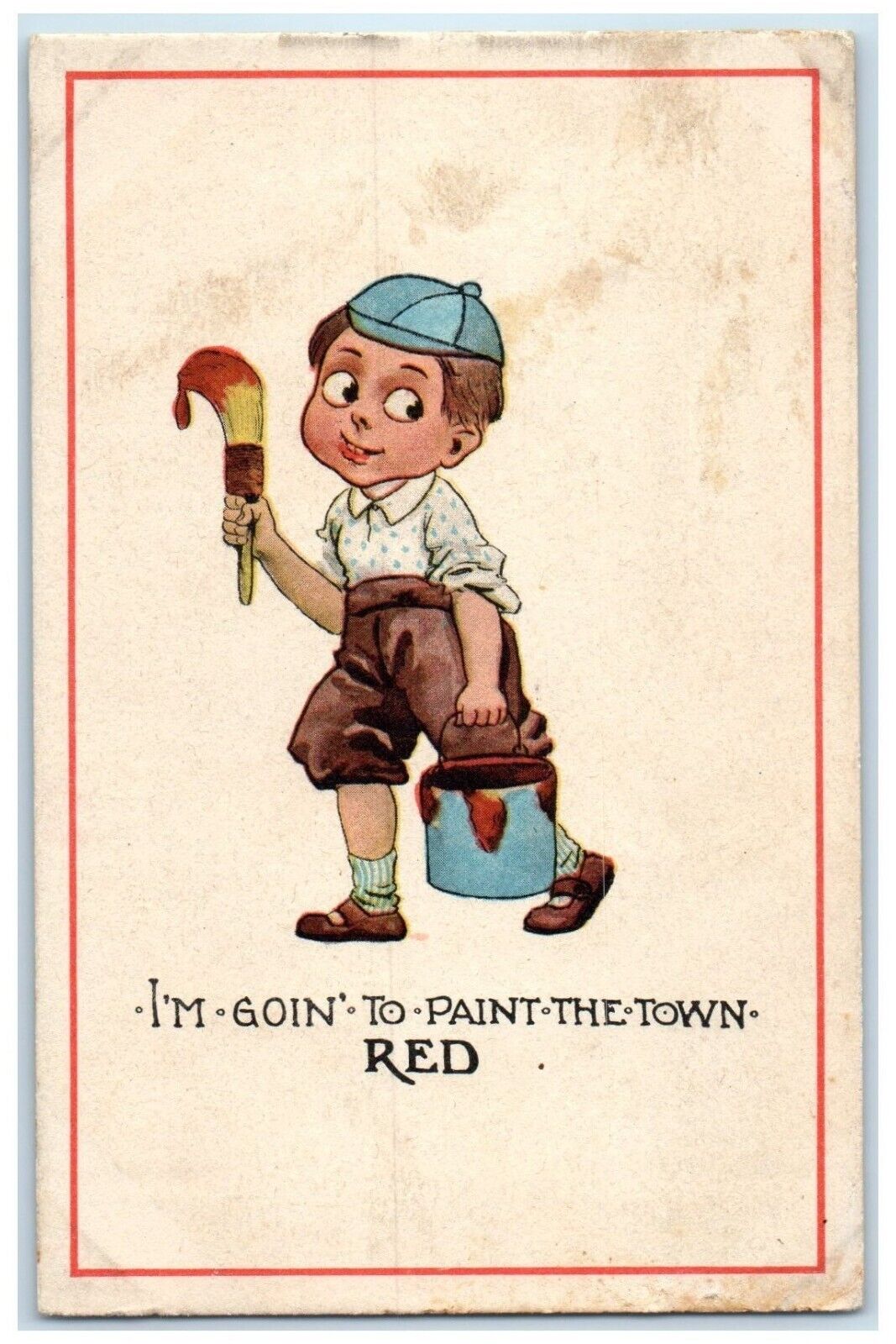 1913 Boy I'm Goin To Paint The Town RED Wall Orrville Ohio OH Antique Postcard