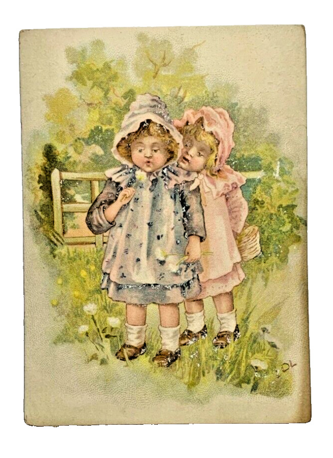 Victorian Era 1800s Trade Card 2 Girls Outside Trees Fence Flowers Grass Antique