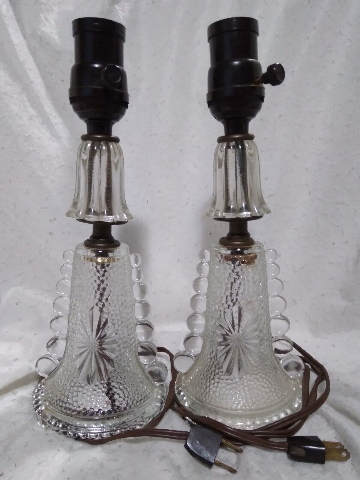 Vintage Pair Clear Hobnail Bubble Glass Bedroom Table Lamps Art Deco -Tested-