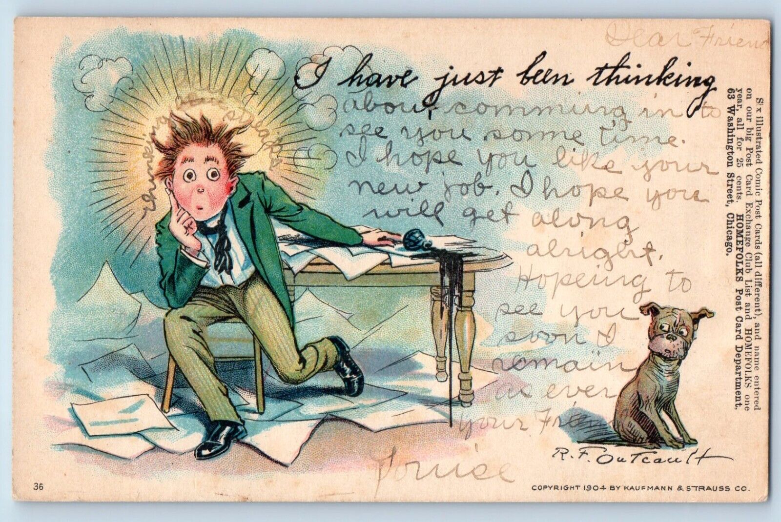 Outcault Signed Artist Postcard I Have Just Been Thinking Man Ink Fell Dog 1906