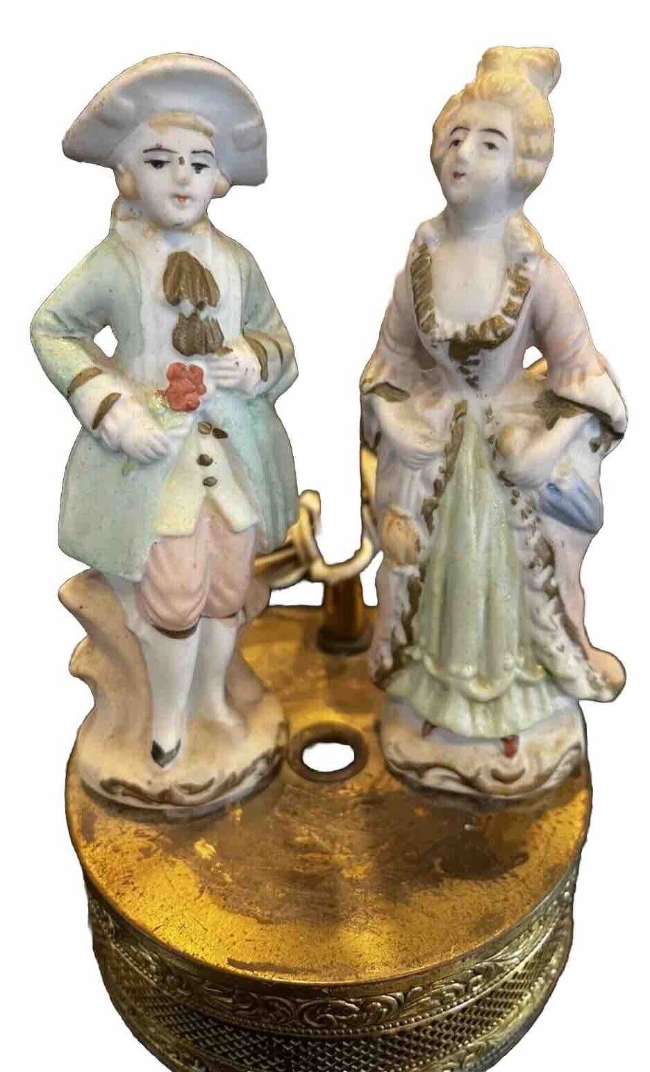 Antique French Colonial Porcelain Figurine Man & Woman/Brass Lamp/WORKS