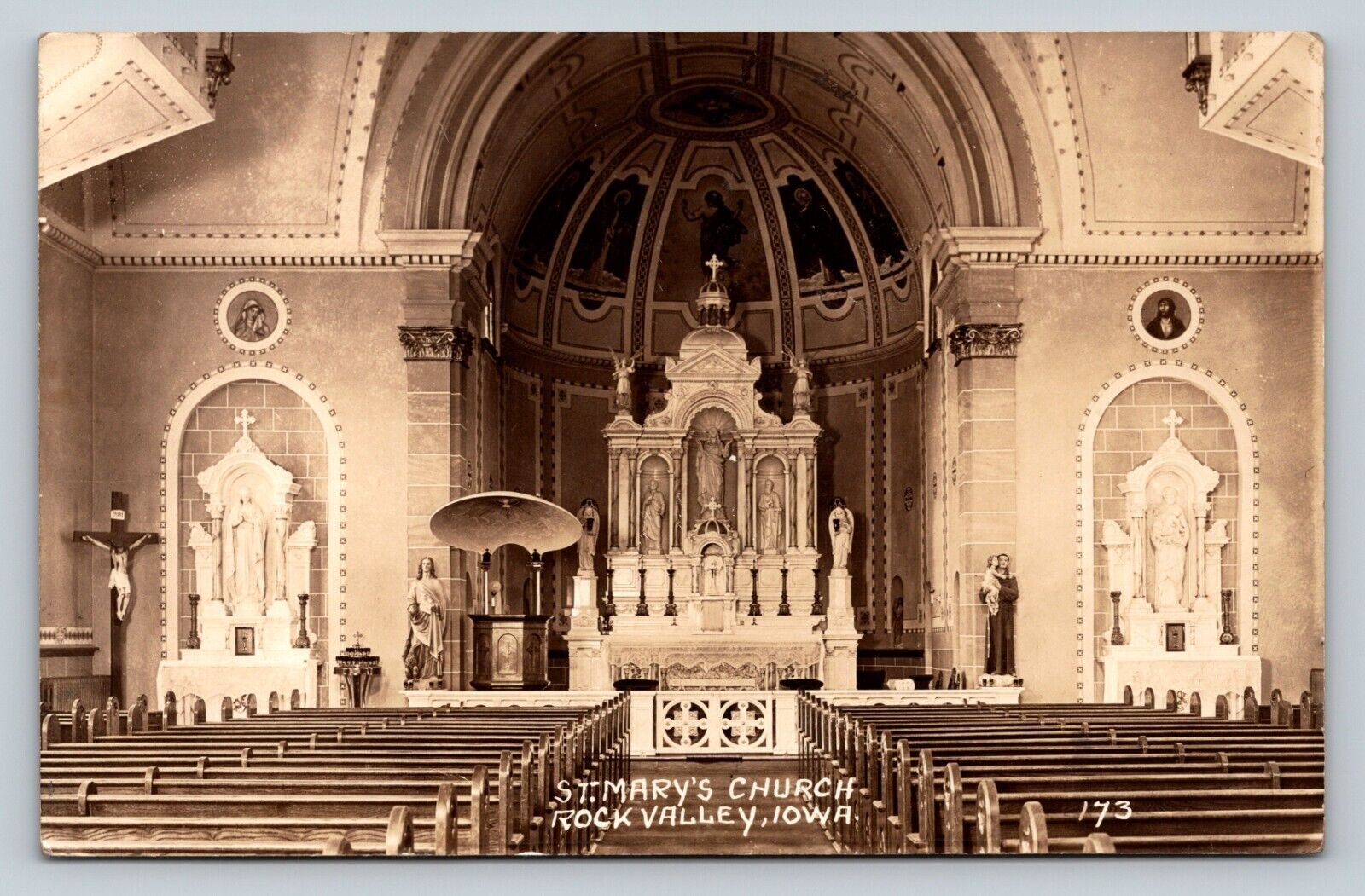 RPPC St. Mary\'s Church ROCK VALLEY IOWA Beautiful Interior Postcard DOPS 1925-42