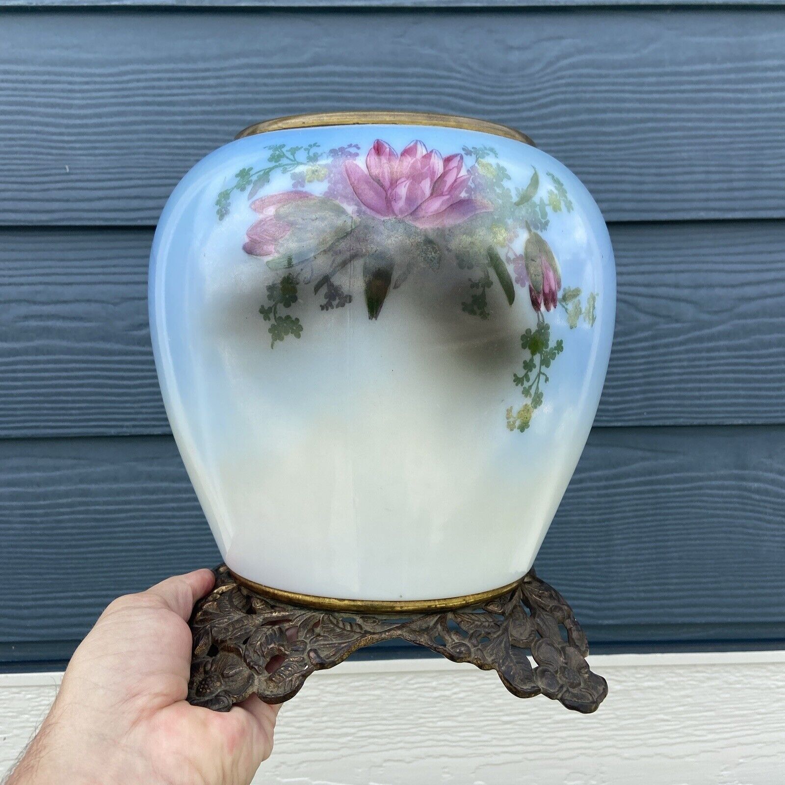 Antique GWTW Oil Lamp Base, Blue with Flowers, Holds 5\