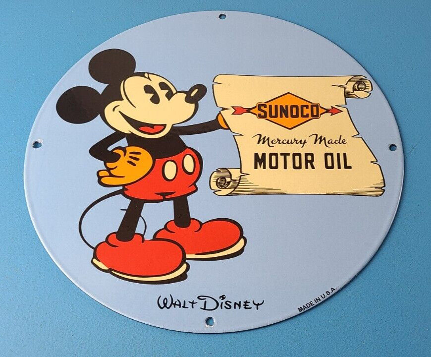 Vintage Sunoco Gasoline Porcelain Sign - Walt Disney Mickey Mouse Gas Pump Sign