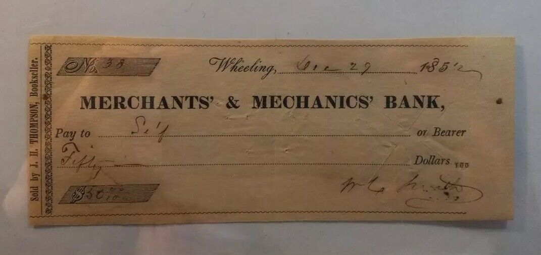 1852 Merchants and Mechanics Bank Check Philadelphia, Wheeling, Issued 1852
