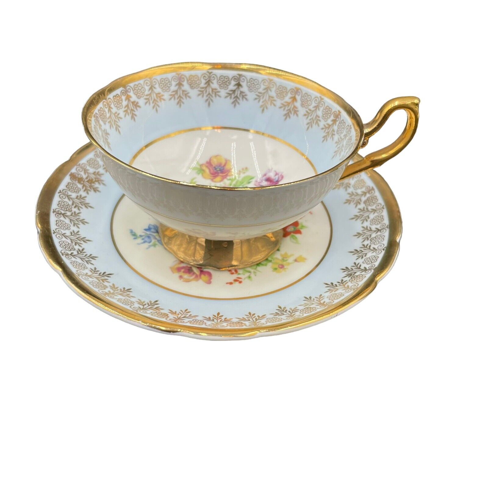 Vtg Regency Tea Cup & Saucer Bone China England 1940\'s Blue Gold Gilt Floral