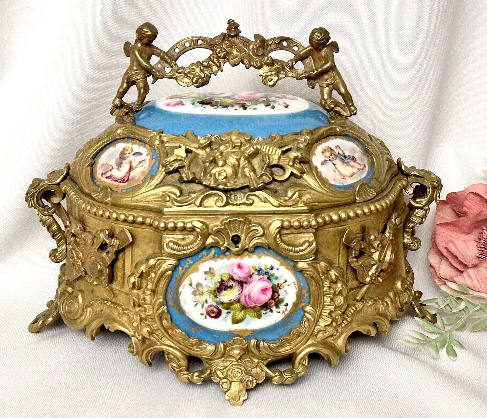 LG Antique French Serves Louis XV Styled Cherub Bronze Porcelain Jewelry Casket