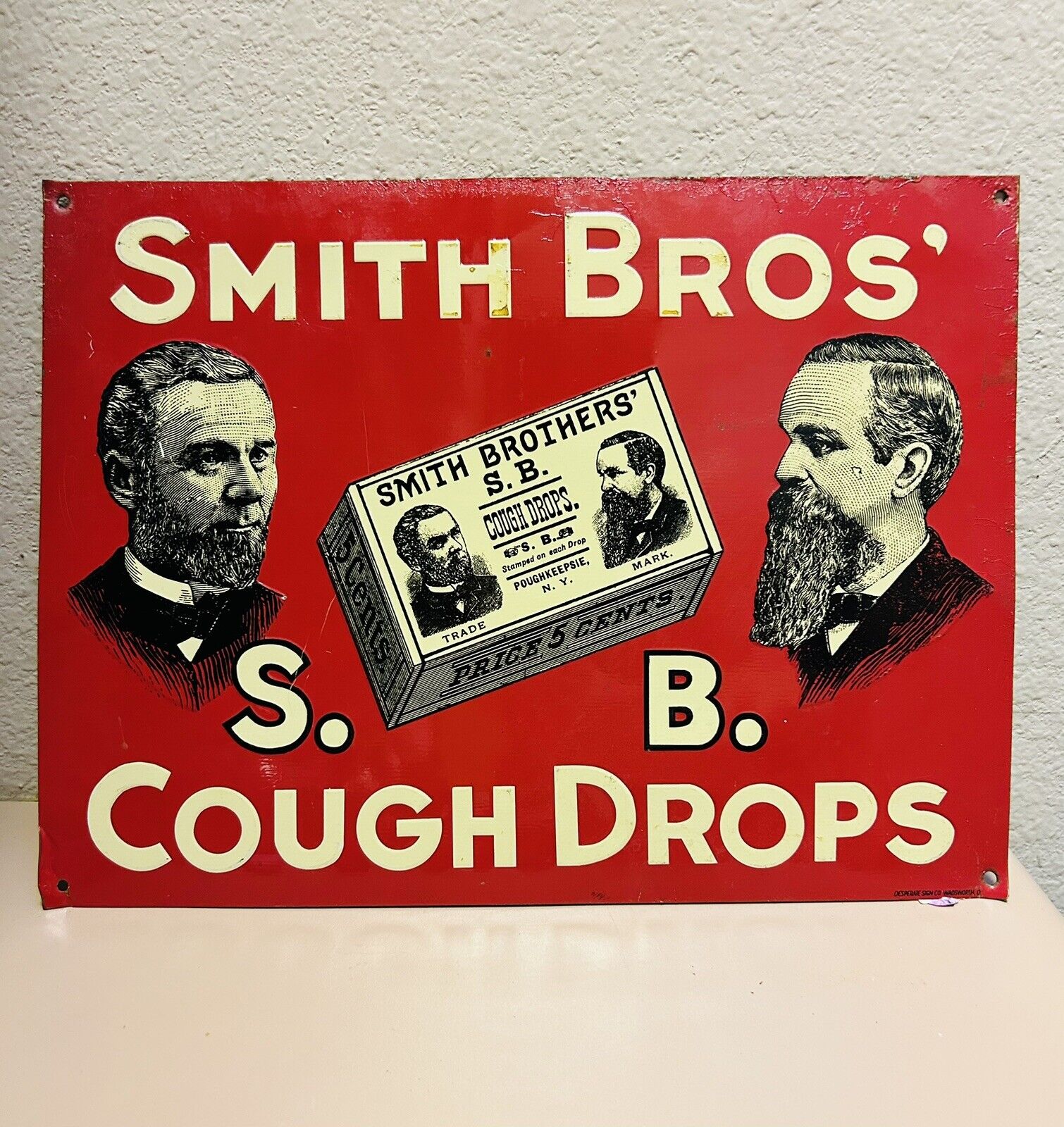 Original Antique Sign Embossed Metal Smith Bros S.B. Cough Drops 12” x 9”