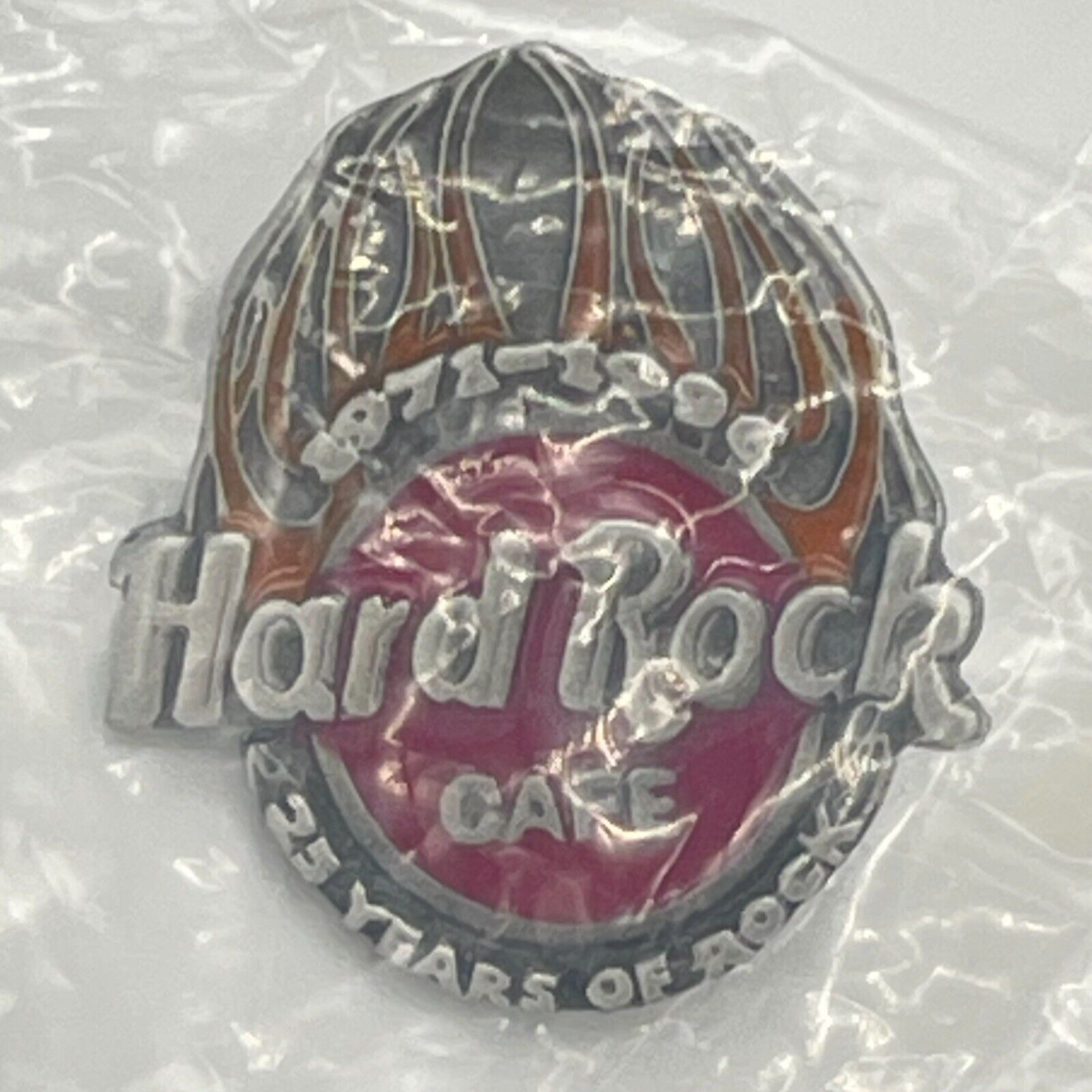 Vintage Hard Rock Cafe Pin 25 Years of Rock Yellow Flame Logo Pewter 1986-1996