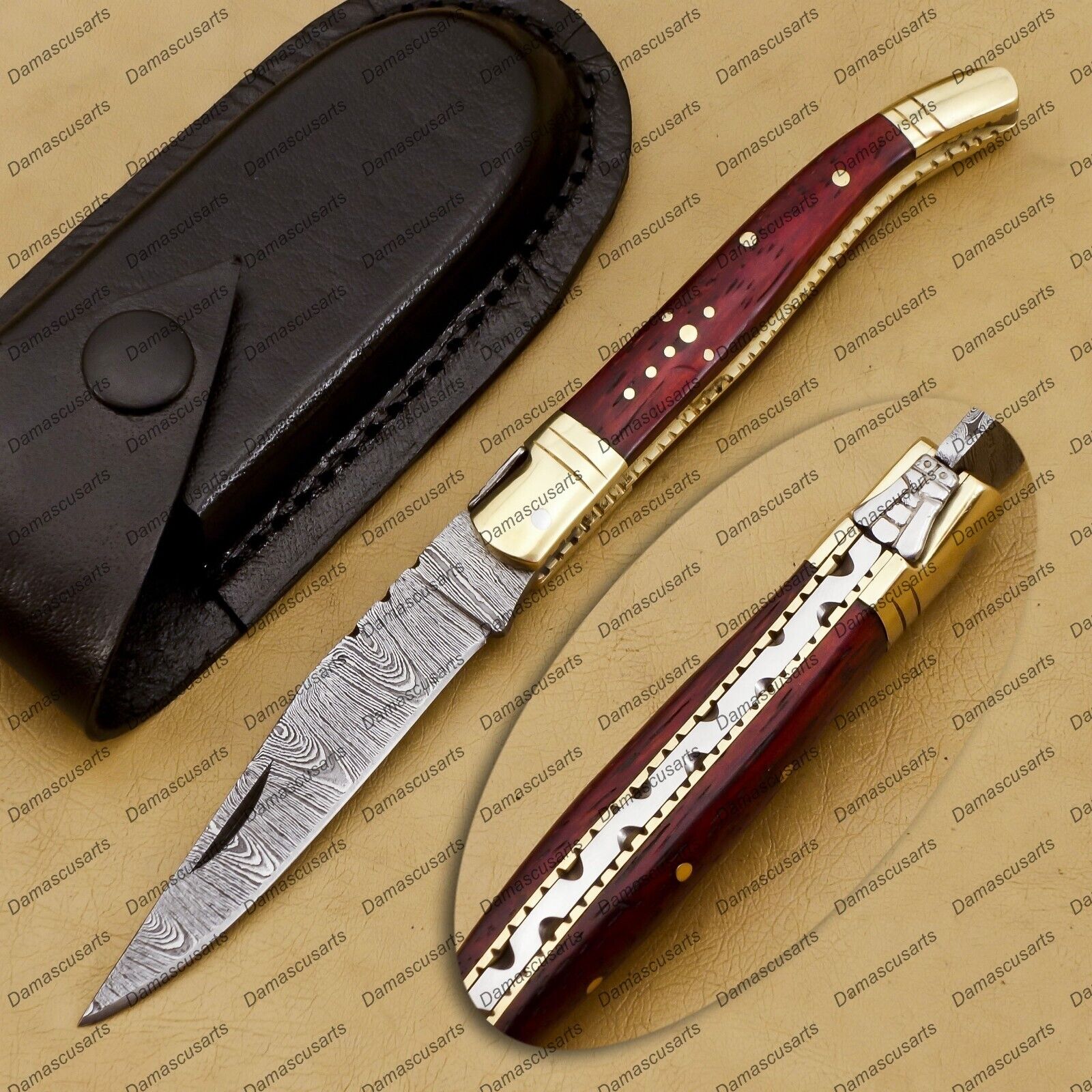 Amazing Damascus Bladed Laminate Handled Pen/Pocket Knife With Leather Sheath