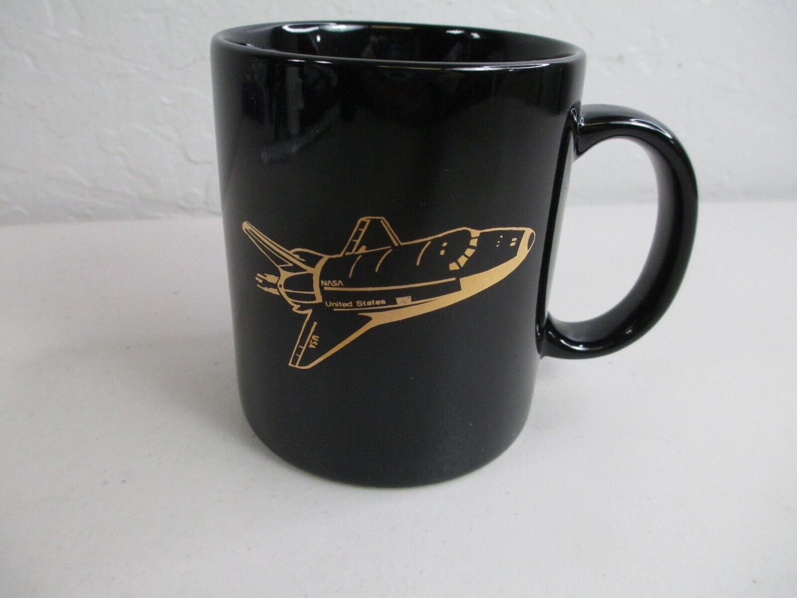 Vintage Nasa Coffee mug Gold glitter letters on black space shuttle