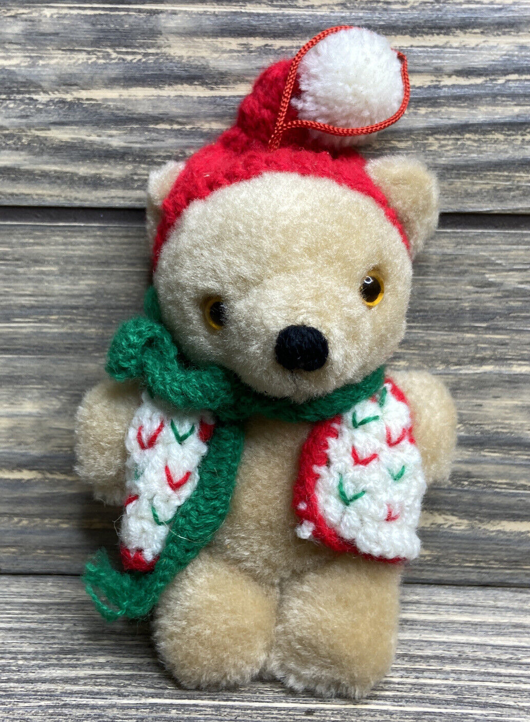 Vtg Christmas Ornament Stuffed Teddy Bear Red Hat Xmas Color Vest Green Scarf 5”