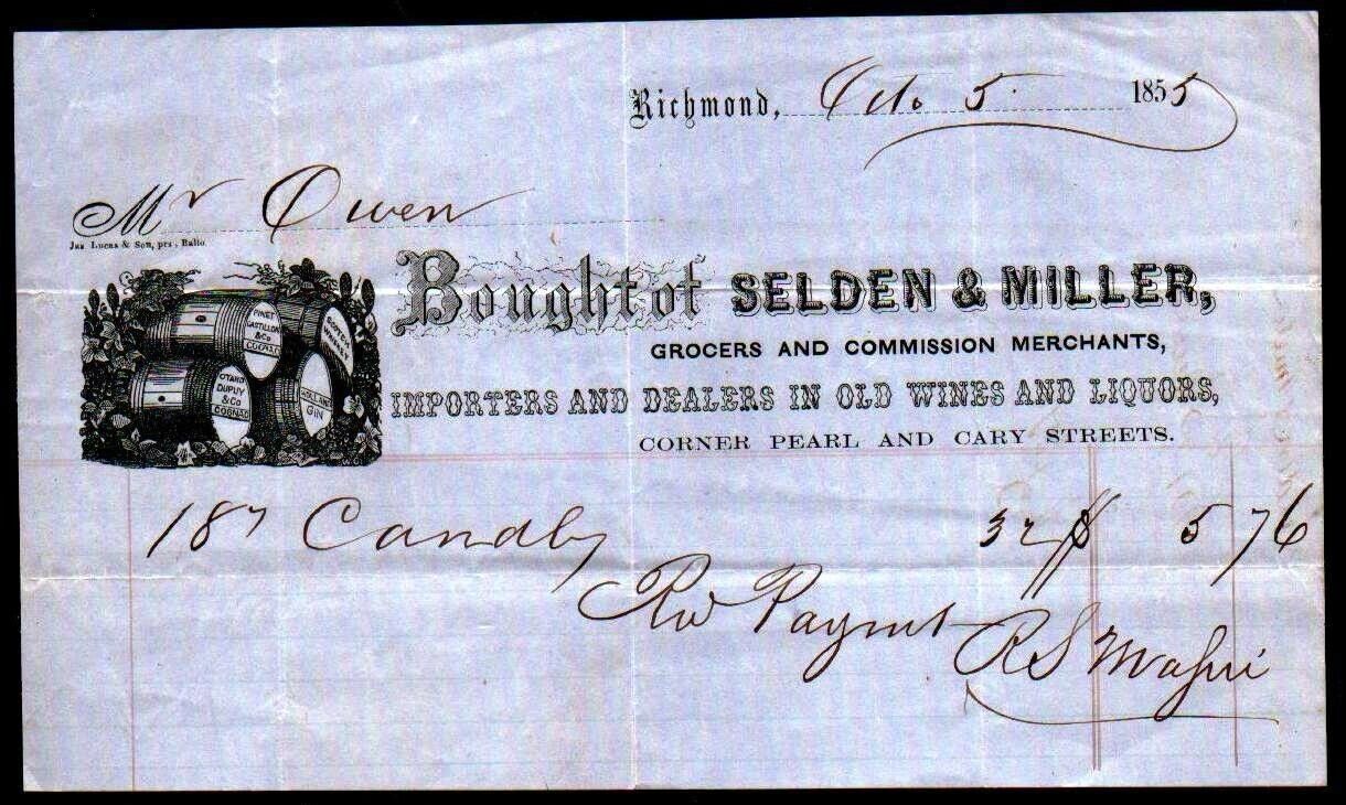1855 Richmond Va - Selden & Miller - Wine & Liquors - EX RARE Letter Head Bill