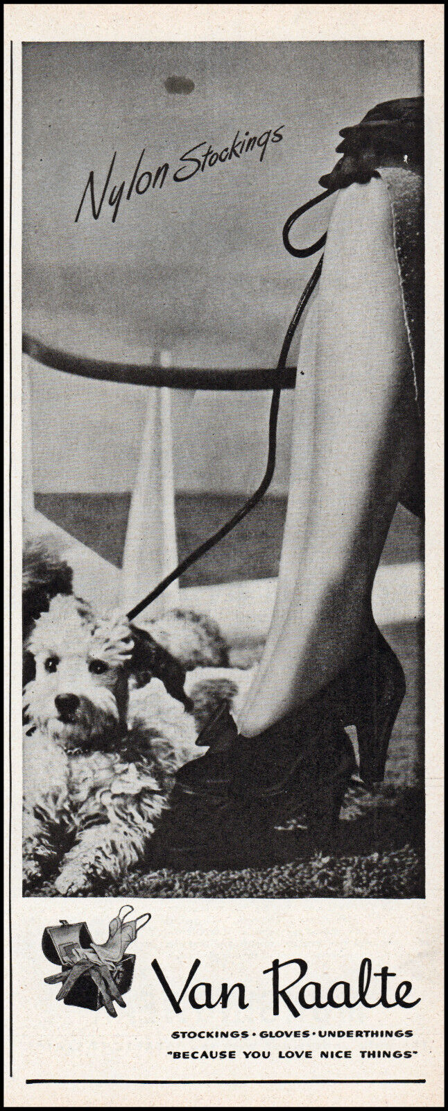 1946 Woman\'s Legs Van Raalte stockings Poodle dog vintage photo print ad LA41