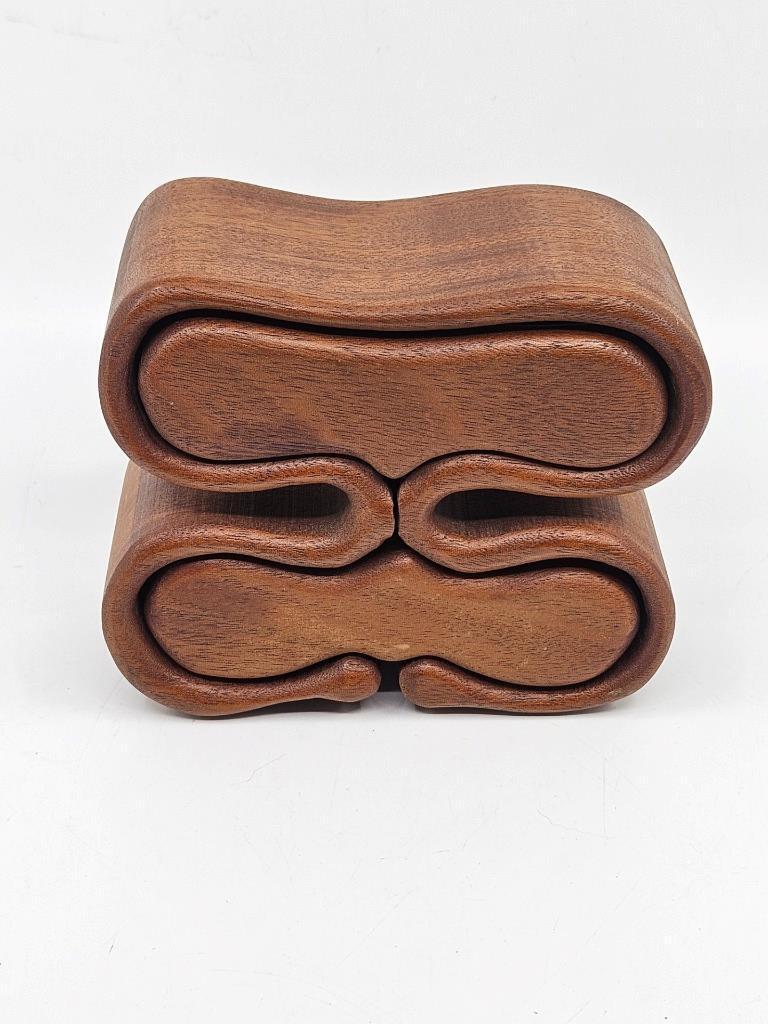 Vtg Organic Shape Wood Mod Puzzle Box Trinket Jewelry 2 Drawer MCM? Unsigned