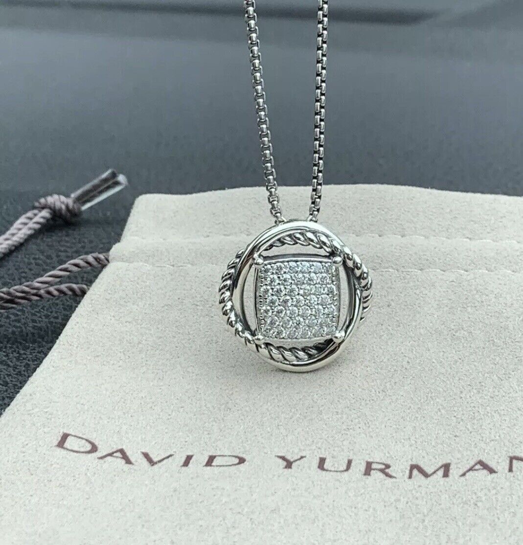 David Yurman Sterling Silver Infinity Pave Pendant Necklace & Diamonds Sz 18”