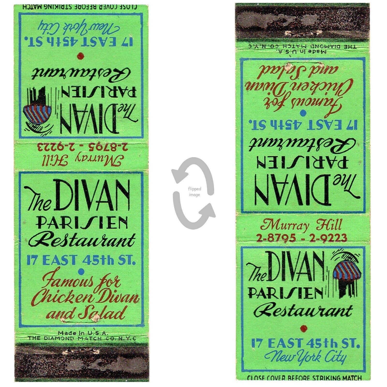 Vintage Matchbook Cover Divan Parisien restaurant New York City 1930s E 45th St