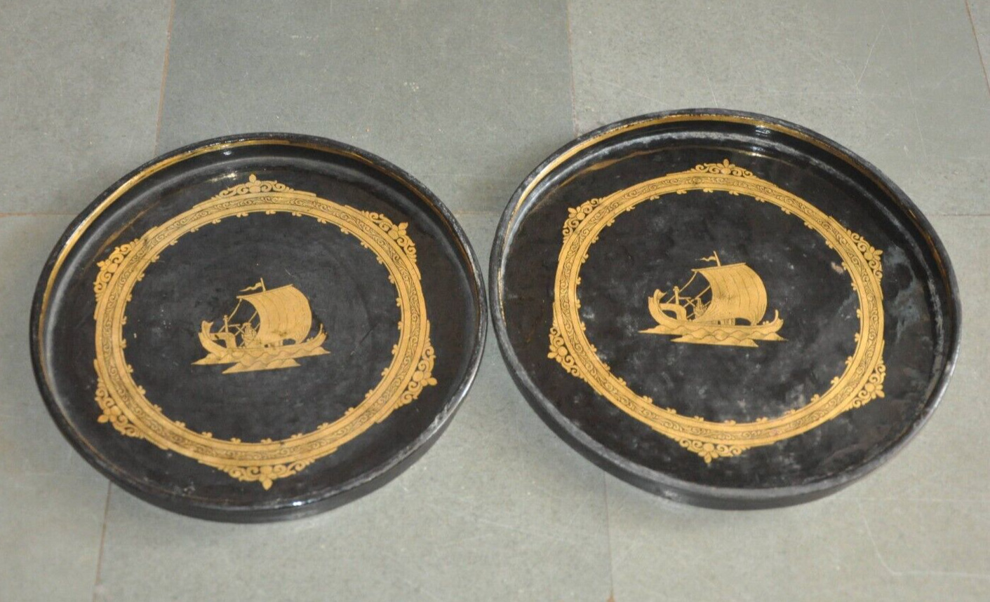 2 Pc  Vintage Straw Stick Woven Round Lacquer Painted Handcrafted Plates
