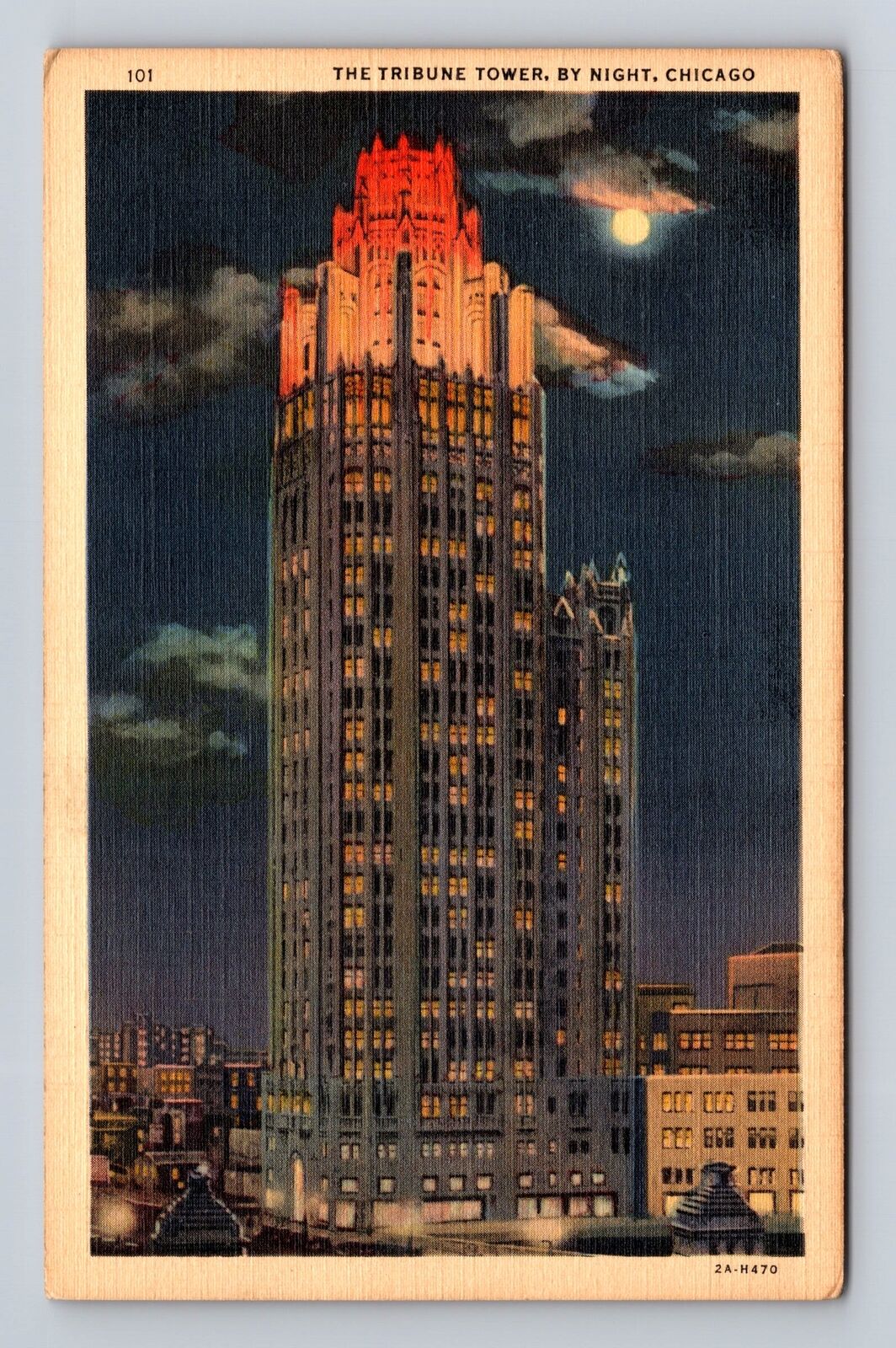 Chicago IL-Illinois, Tribune Tower by Night, Antique Vintage Souvenir Postcard