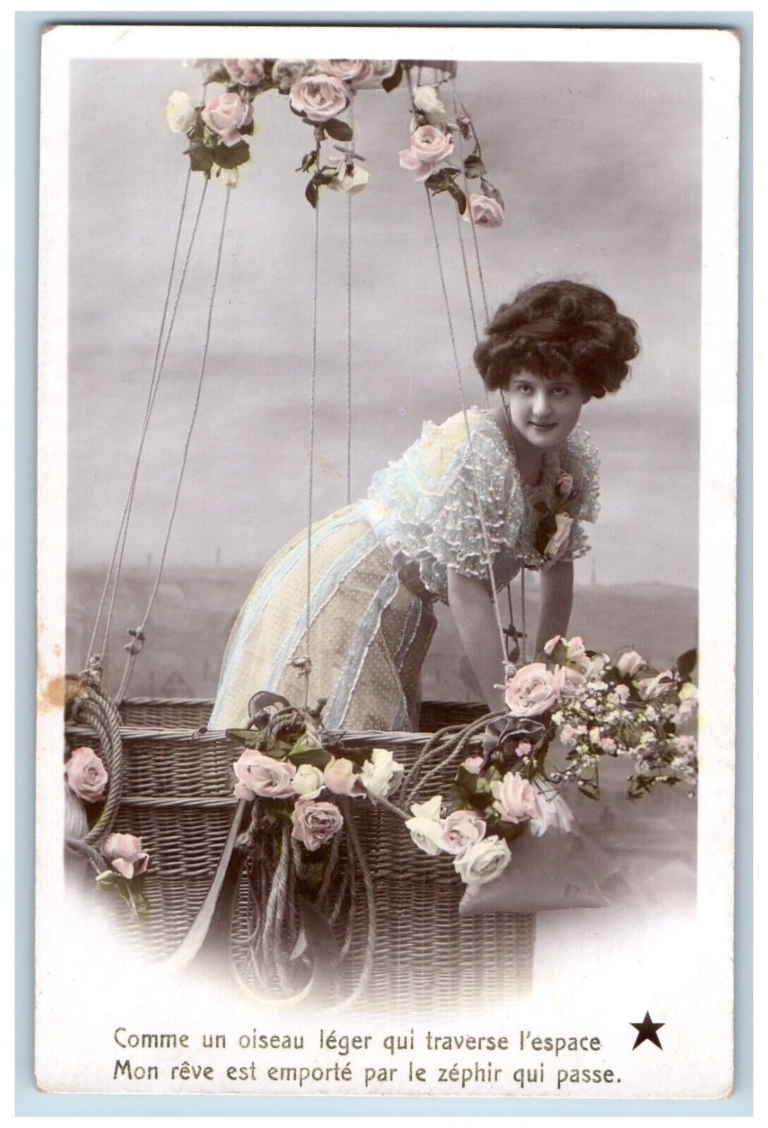 France Postcard RPPC Photo Pretty Woman Hot Air Balloon Flowers c1910\'s Antique