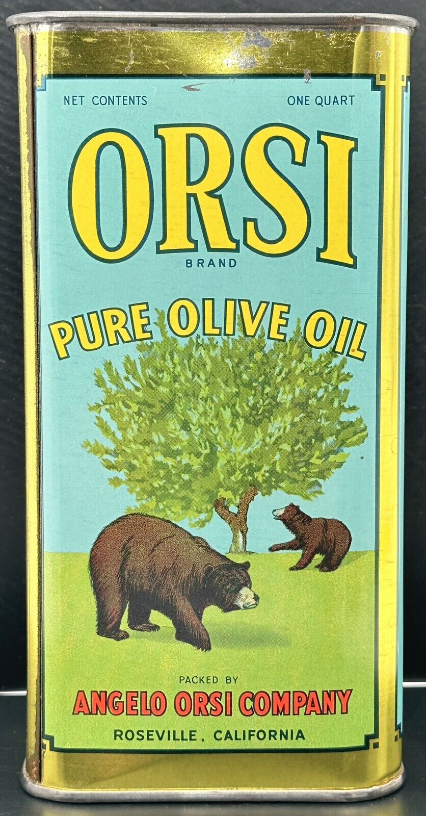 Vintage Orsi Olive Oil Empty Tin One Quart Bears Roseville California 