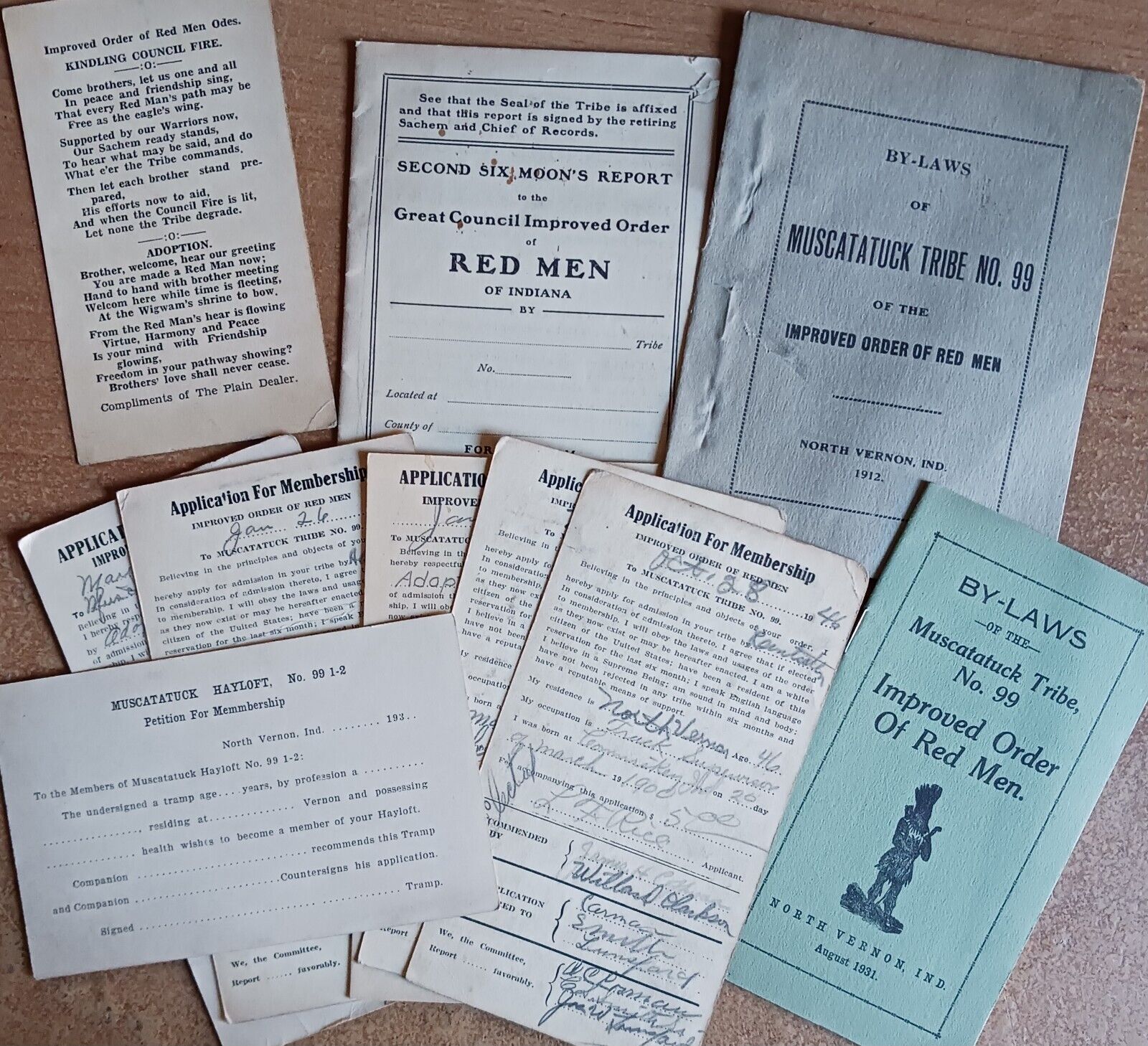 1912 1931 MUSCATATUCK RED MEN TRIBE 99 NORTH VERNON INDIANA BY LAWS EPHEMERA