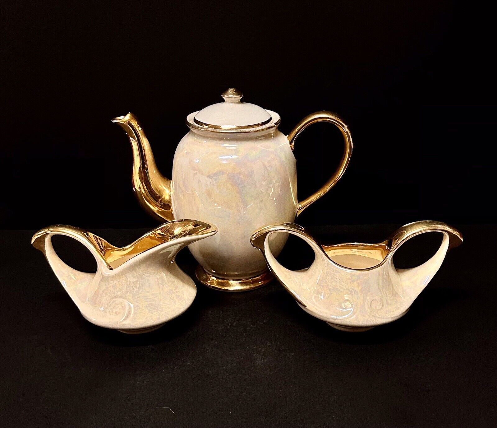 Vintage Pearl China  Co. Kingwood Teapot Creamer Sugar Set Iridescent 22kt Gold 