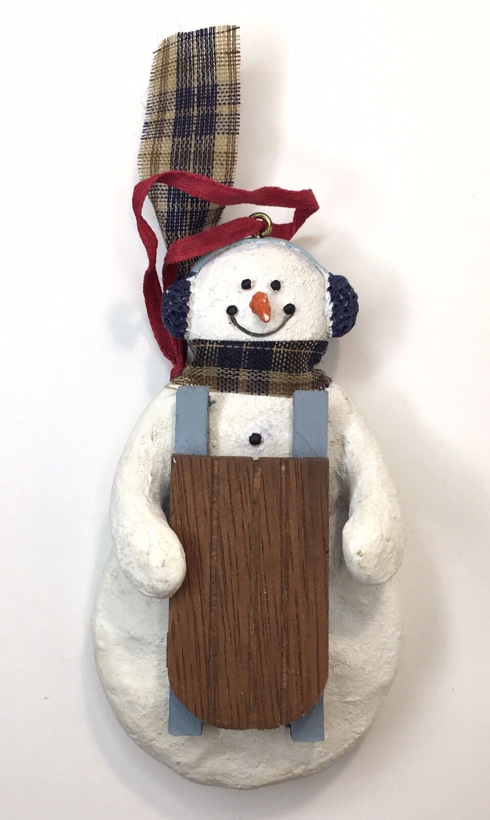 Vintage Snowman Holding Snow Sled Christmas Tree Ornament Rustic 4\
