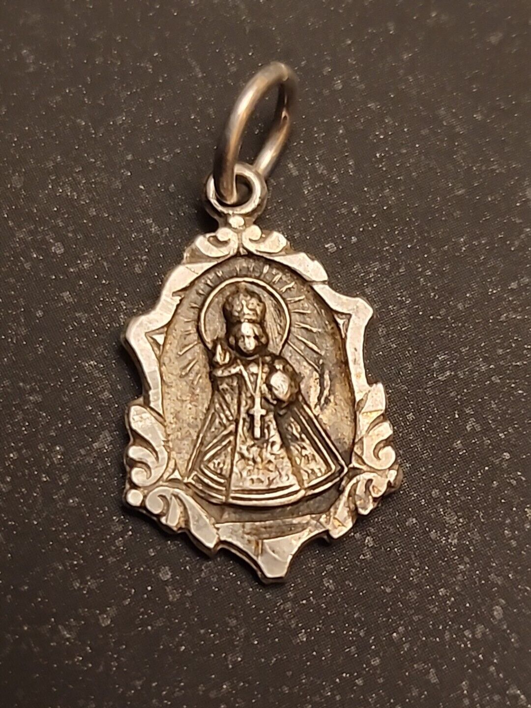 Vintage Ornate Sterling Silver Medal Infant Jesus of Prague Sacred Heart Charm