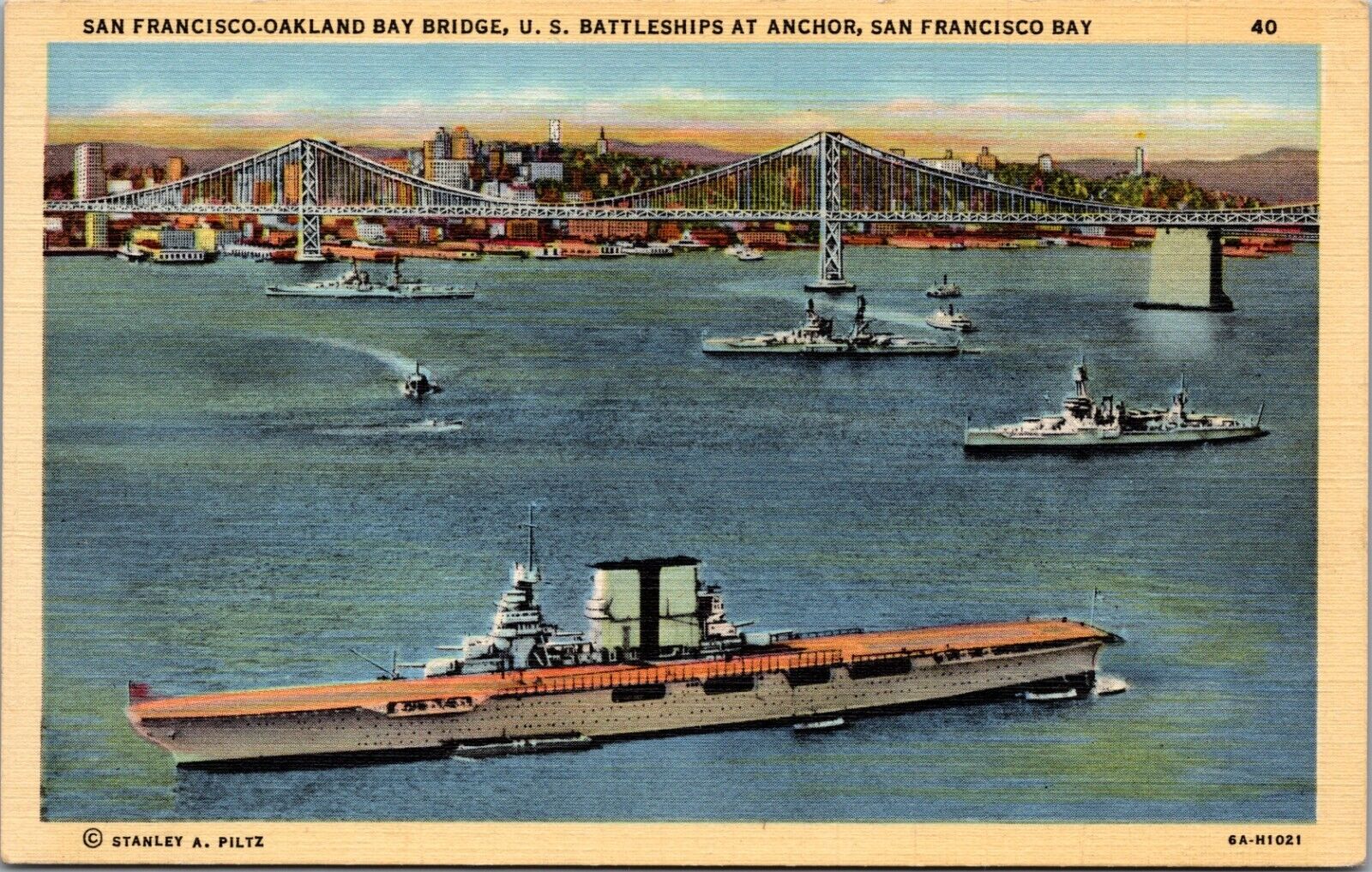 CA SF Oakland Bridge Battleships Aircraft Carrier Ferries City Pier Postcard \'36