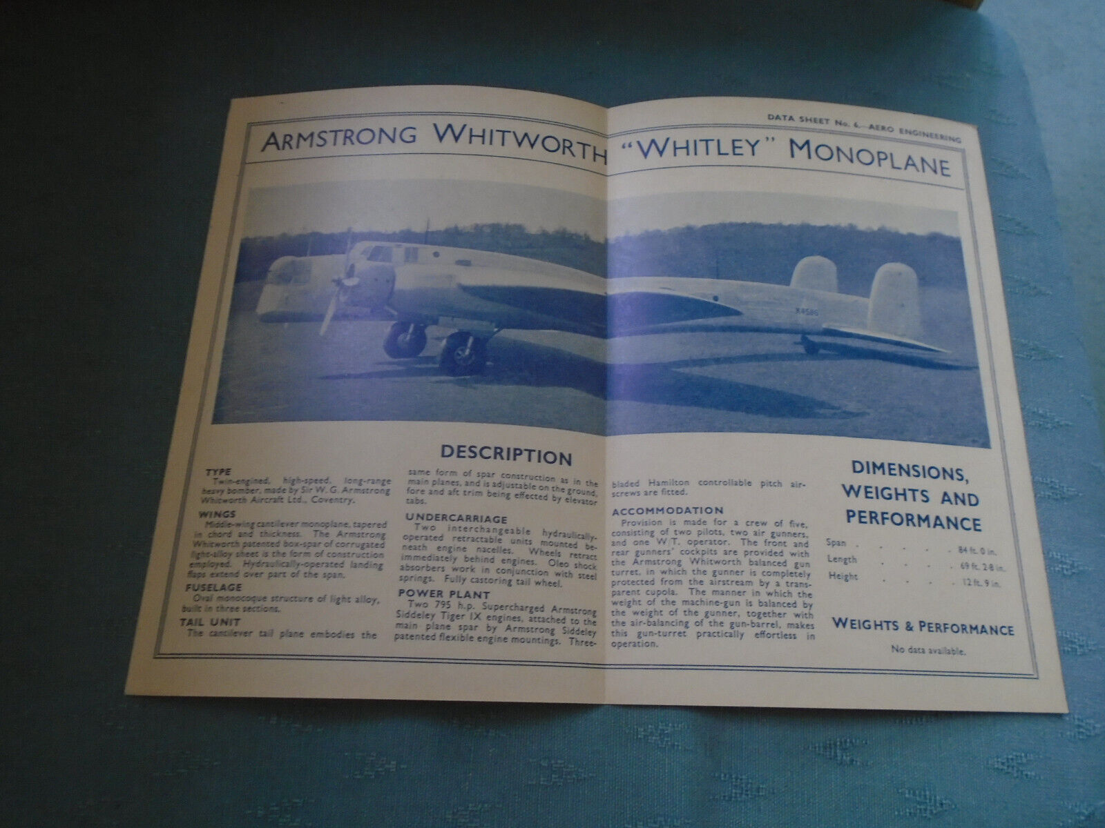 PRE WW11 ARMSTRONG WHITWQRTH WHITLEY MONOPLANE  AERO ENGINEERING DATA SHEET