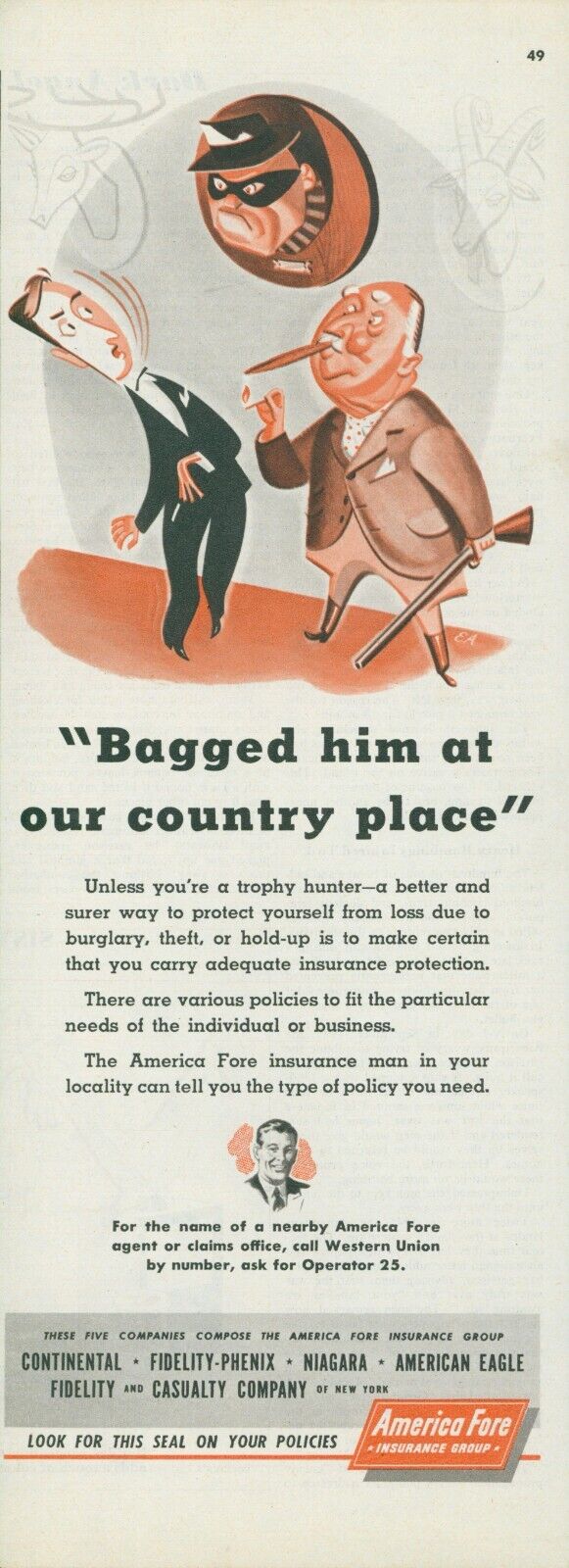 1952 America Fore Insurance Mounted Crook Man Smoking Pipe Gun Vtg Print Ad C7
