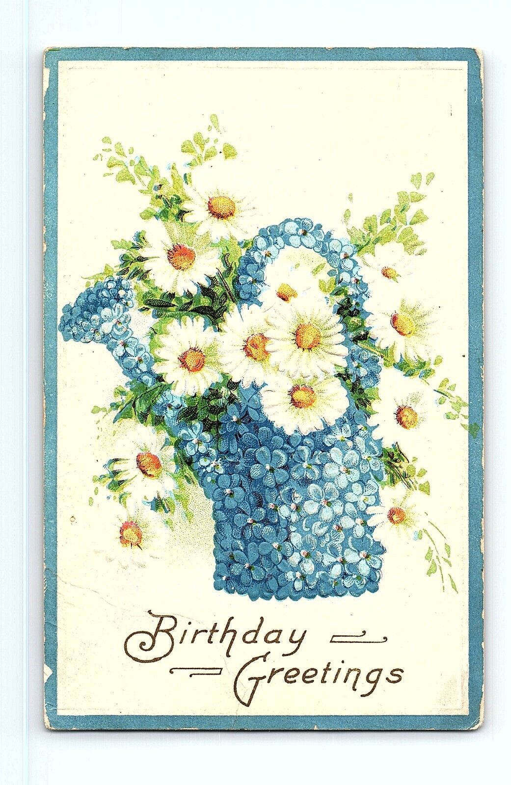 Birthday Greetings White Flowers Watering Can Gardening Floral Vintage Postcard