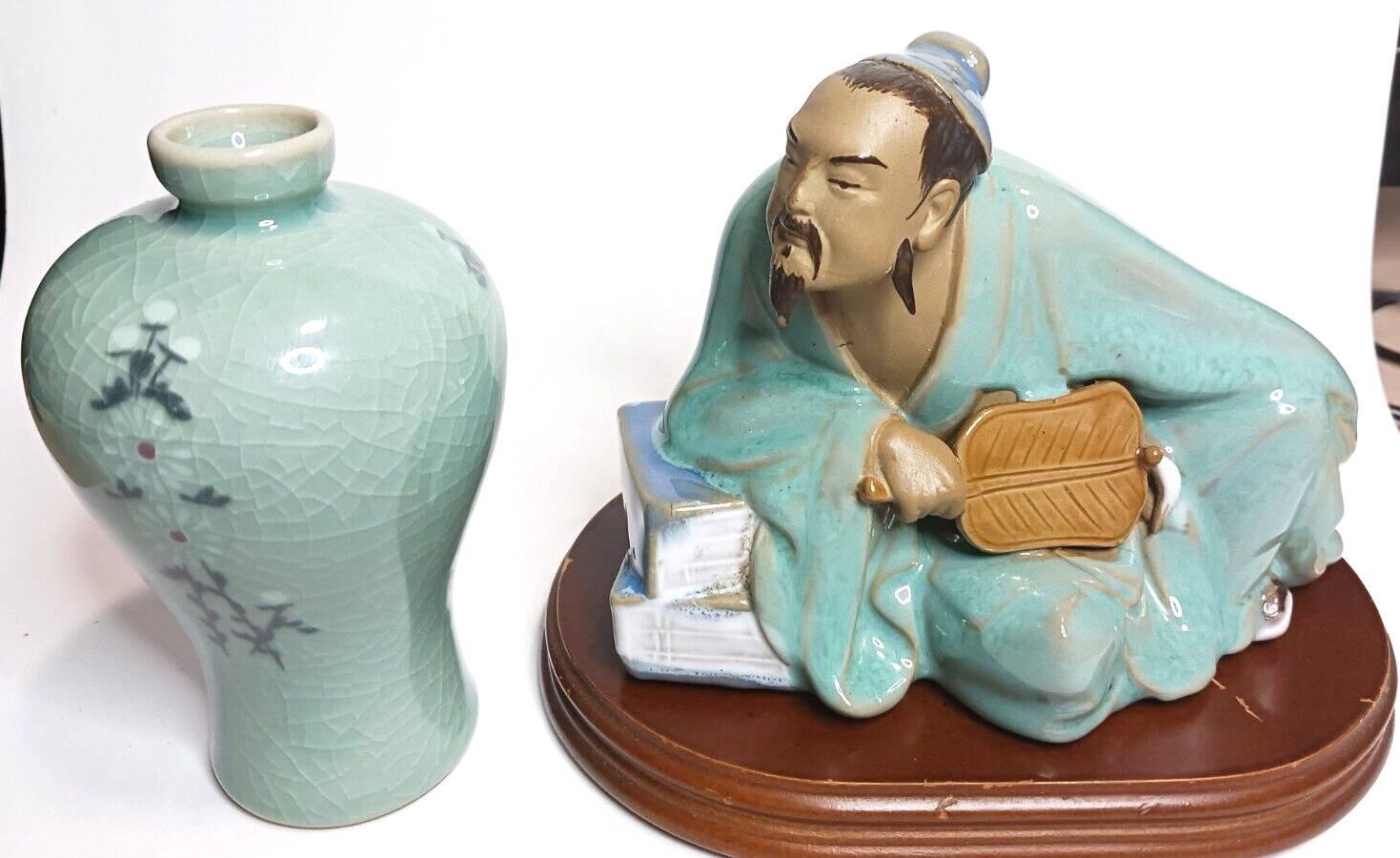 Vintage Ceramic Shiwan Japanese Mud Man Philosopher with Green Celadon vase