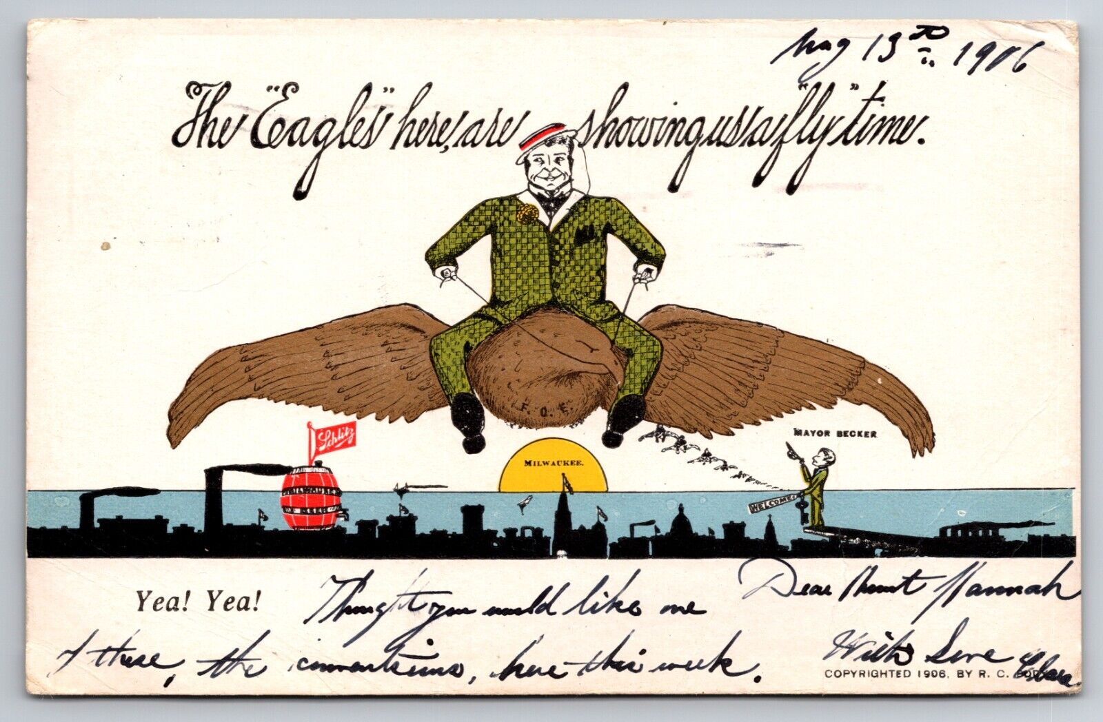 Fantasy Man Flying Eagle Over Milwaukee Wisconsin Skyline Schlitz Beer 1906 PC